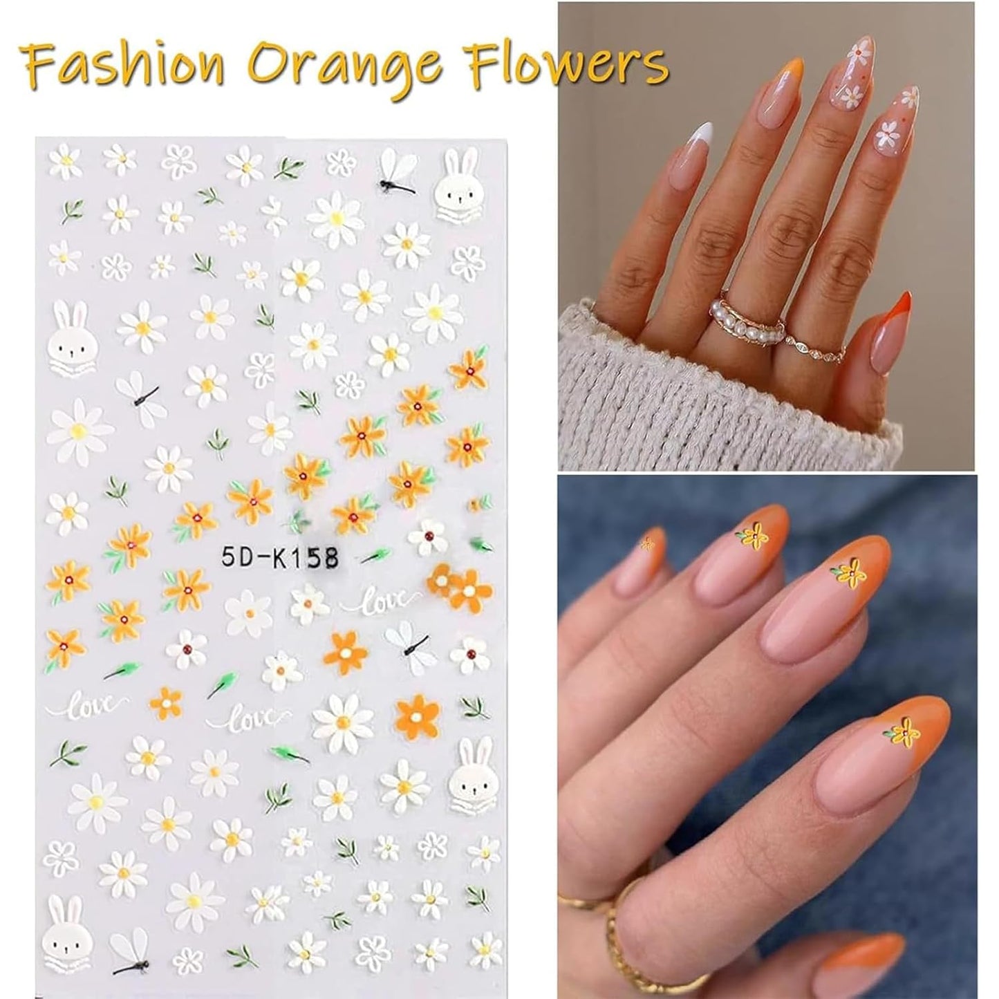 Flower Nail Art Stickers Decals 5D Embossed Nail Decals 6 Sheets Spring Summer Self-Adhesive Nails Design Accessories 3D Flowers Stickers for Women Nails Decoration