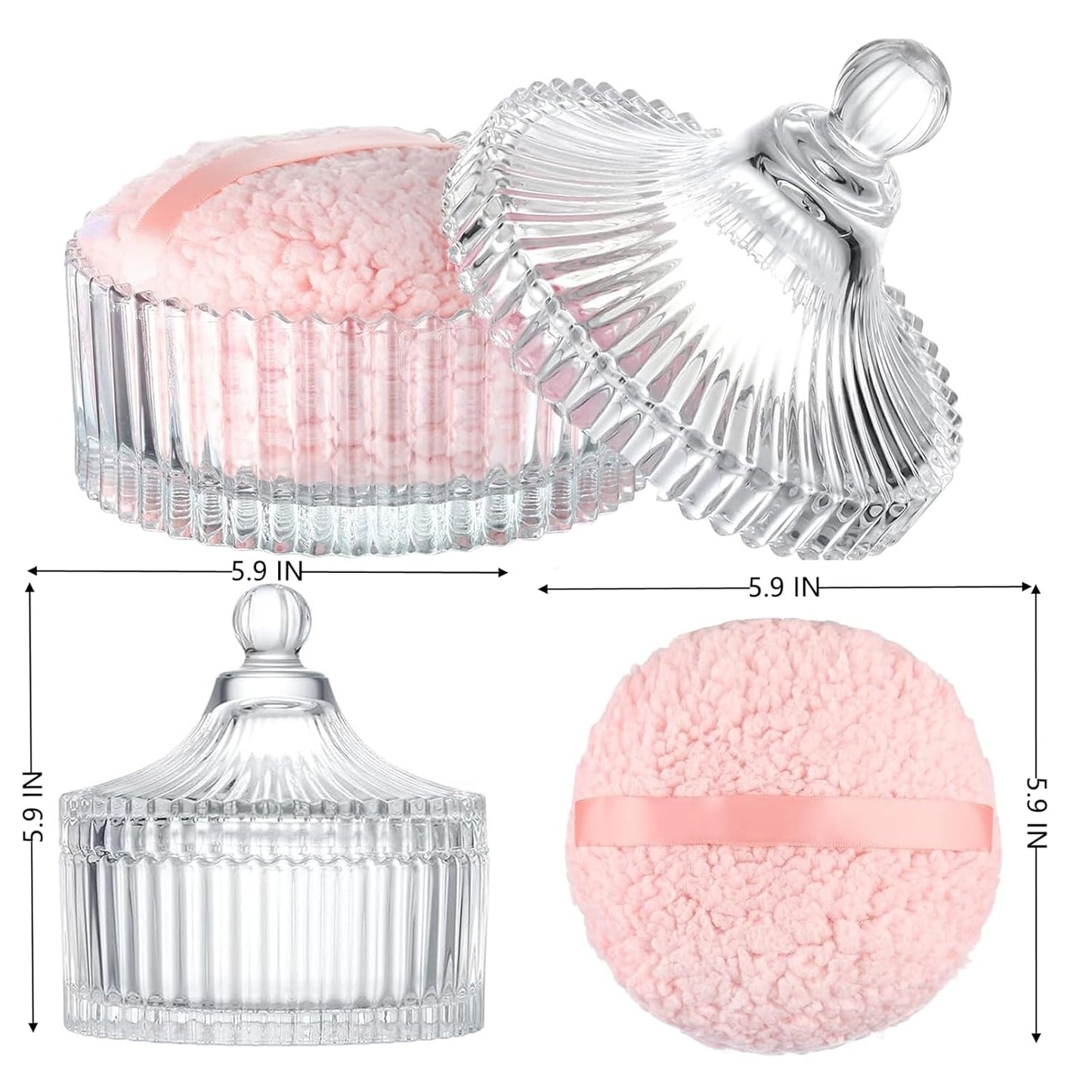 Extra Large Body Powder Puff and Container - Vintage Glass Dusting Powder Container with Soft Puff for Women & Girls (5.9x5.9x5.9 IN)-GRB010-Transparent