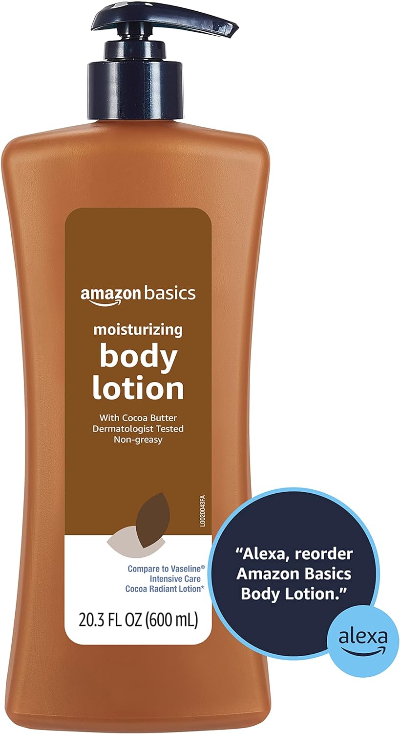 Amazon Basics Moisturizing Cocoa Butter Body Lotion for Dry Skin, Non-Greasy, Paraben Free, Lightly Scented, 20.3 Fl Oz, Pack of 4