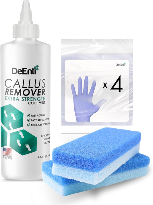 DeEnti Double Pumice Pack, Bundle Includes Mint Scented Callus Remover, 2 Pumice Stones for Feet, and 4 Pairs of Gloves, Salon Grade Foot Care, Home Manicure and Pedicure Kit