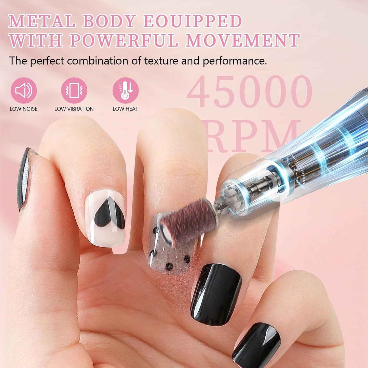 Electric Nail File Professional Kit - 45000RPM Portable Nail Drill Electric File with 11 Bits & Base丨LED Screen丨Ultra-Silent, Rechargeable Nail Drills Machine for Acrylic Nails Gel Polishing (Pink)