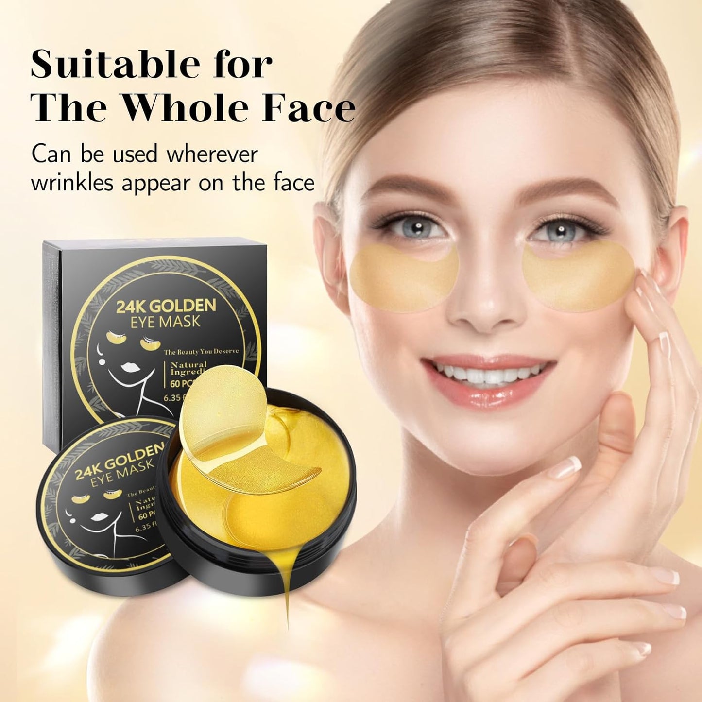 60 Pack 24K Gold Under-Eye Patches, Eye Mask for Dark Circles, Puffiness, Contains Collagen & Hyaluronic Acid for Eye Bags Puffiness Wrinkle, Women Men Beauty Skin Care Products