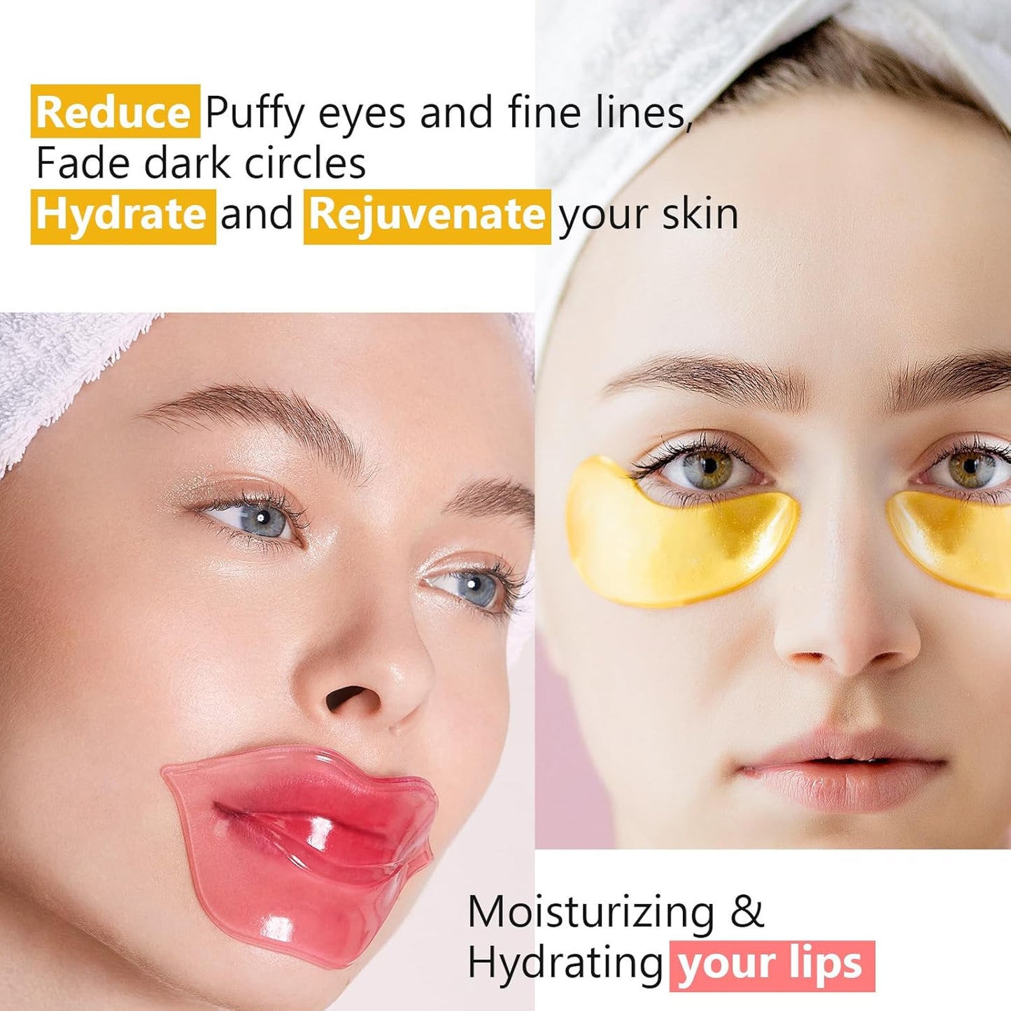 15 Pairs Collagen Crystal Eye Mask and 15 Pcs Collagen Crystal Lip Mask, Under Eye Patches and Lip Pads,Collagen Crystal Mask Set for Moisturizing, Reducing Fine Lines & Dark Circles (Gold and Pink)