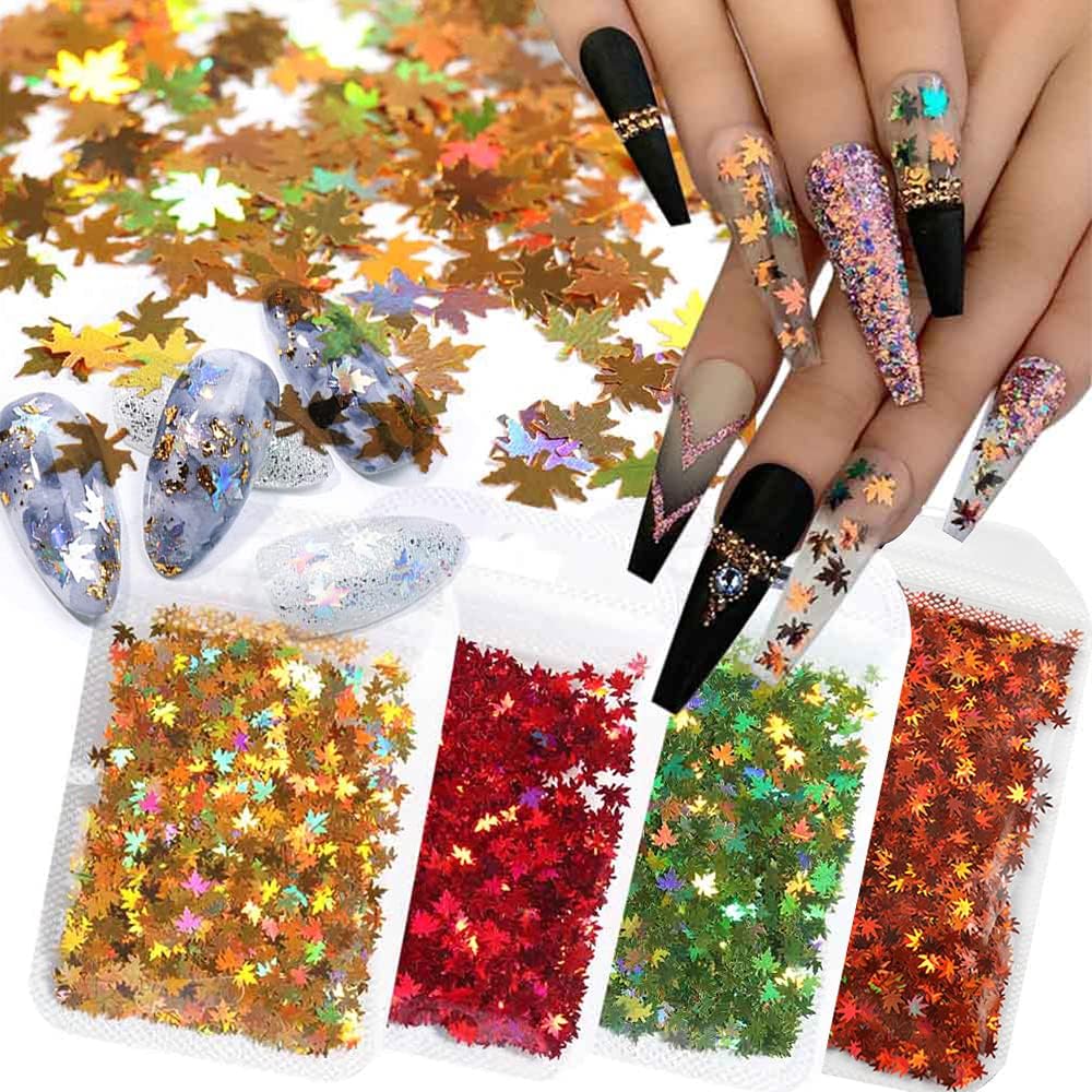 5 Bags Fall Holographic Nail Art Maple Leaf Sequins Glitters, Nails Decorations Supply Gel Polish Manicure Tips Accessories Autumn Maple Leaves Nail Design Glitter Flakes Set