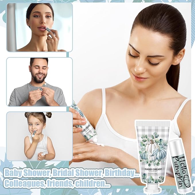 144 Pcs Fall Lip Balm Hand Cream Set Party Favors, Include 36 Blue Pumpkin Lip Balm 36 Moisturizing Hand Cream 36 Bags 36 Cards and Ropes for Autumn Accessories Gifts