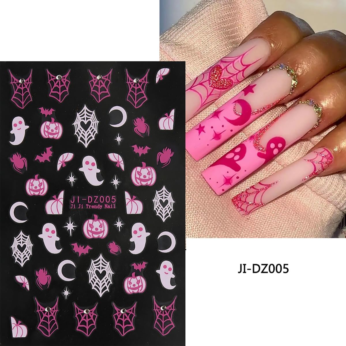 6 Sheets Nail Art Stickers Decals - White Pink Ghost Spider Bats 3D Halloween Pumpkin Skull Spider Web Self Adhesive Nail Decals for Women DIY Nail Decoration