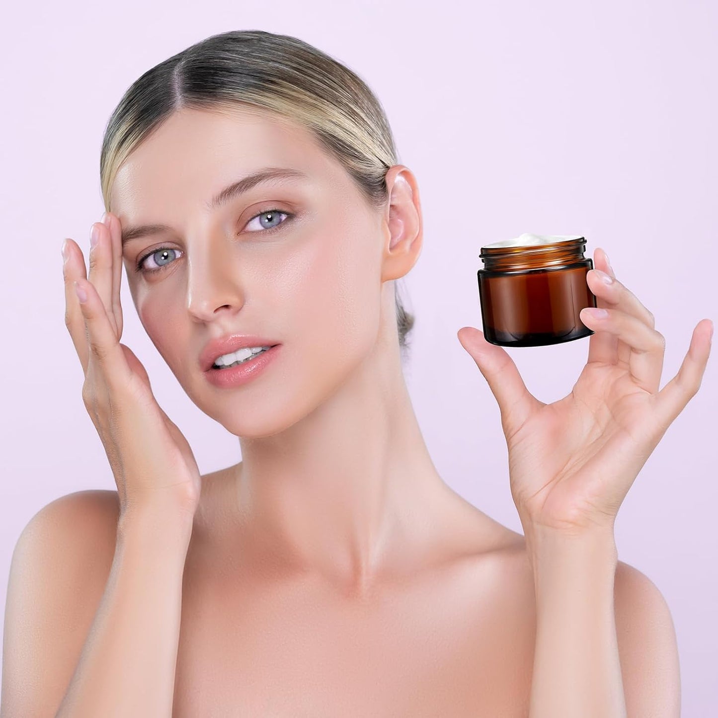 Domensi 32 Pcs 2 oz Glass Jars with Lids Travel Size Round Leakproof Empty Cosmetic Jars with Inner Liners Lid for Storing Makeup Lotions Face Cream Ointments Candle DIY Making (Amber)