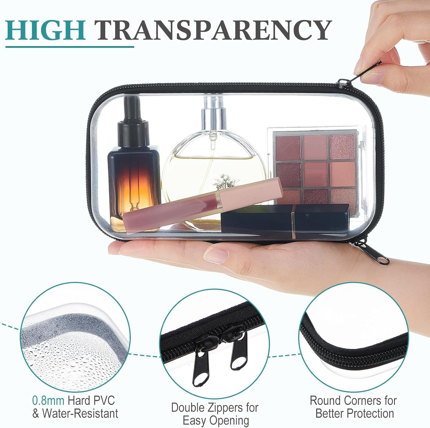Hoolerry 4 Pcs Hard Clear Zipper Case Makeup Bags Plastic Pencil Pouch Transparent Storage Box Containers for Cosmetics, Snacks, Building Blocks, Puzzles(Black and White,7.5 x 3.9 x 2 in)