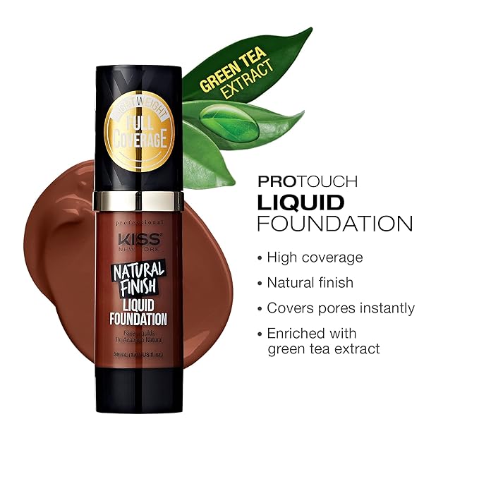 Kiss New York Professional Liquid Foundation - Lightweight and Hydrating Formula, Natural Finish, Control Shine, Cover Pores, Medium to Full Coverage, Green Tea Extract (Sienna)