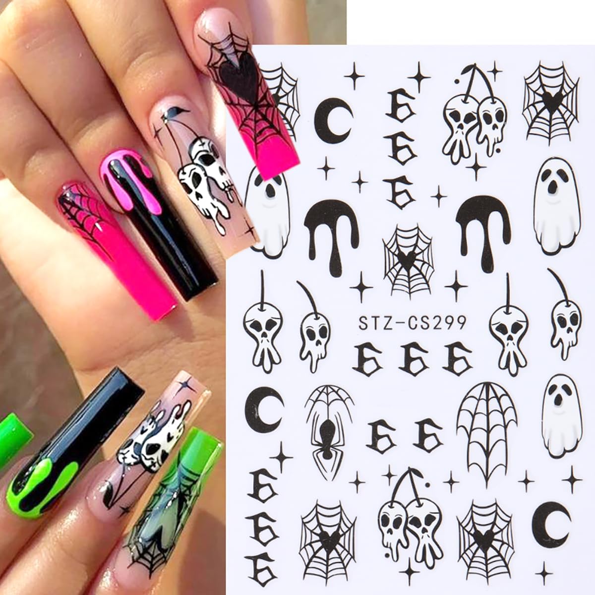 Halloween Nail Art Stickers - 9 Sheets 3D Self-Adhesive Design Decals With Ghost, Pumpkin, Spider, Bat, Black Gold Silver Web - DIY Nail Decoration for Women