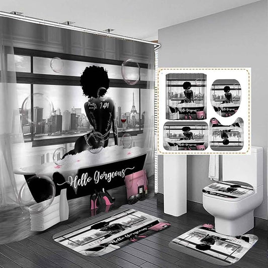 4PCS Sexy African American Women Shower Curtain Sets with Rugs, Waterproof Fabric Black White Shower Curtain, Hello Gorgeous Positive Quotes Black Girl Afro Black Woman Fashion Bathroom Decor