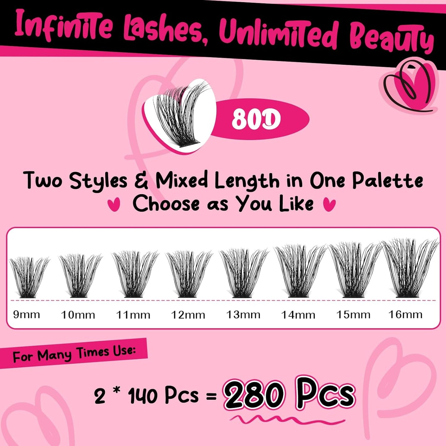 Lash Clusters Kit 280pcs Lash Clusters D Curl Eyelash Extension Kit Individual Lashes with Lash Bond and Seal Lash Applicator Easy to Apply at Home(80D-9-16mix Kit)