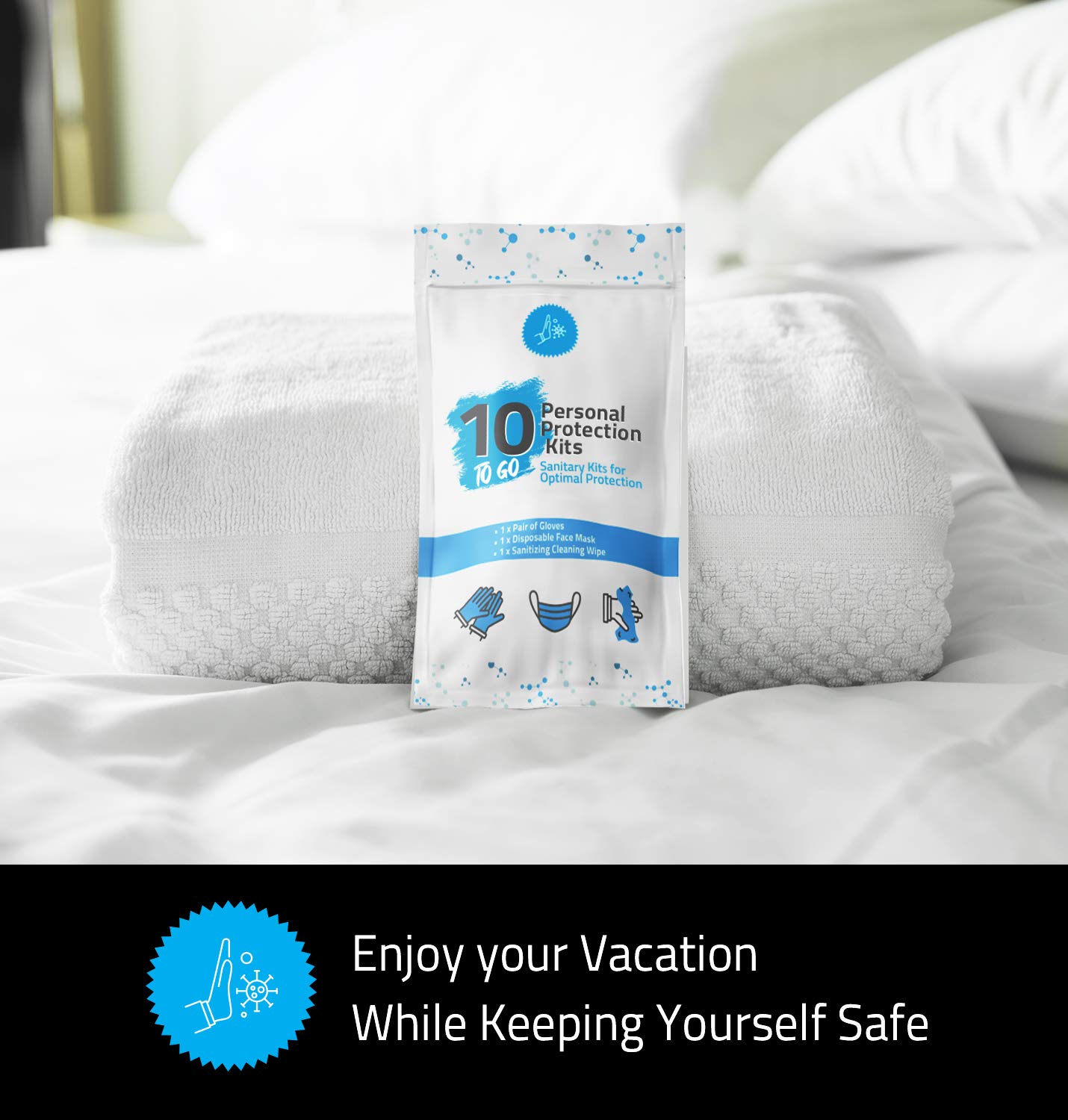 All-in-One Personal Protection Kits to GO - 10 Pack - With Plastic Gloves, Hand Cleansing Wipes, Disposable Face Mask