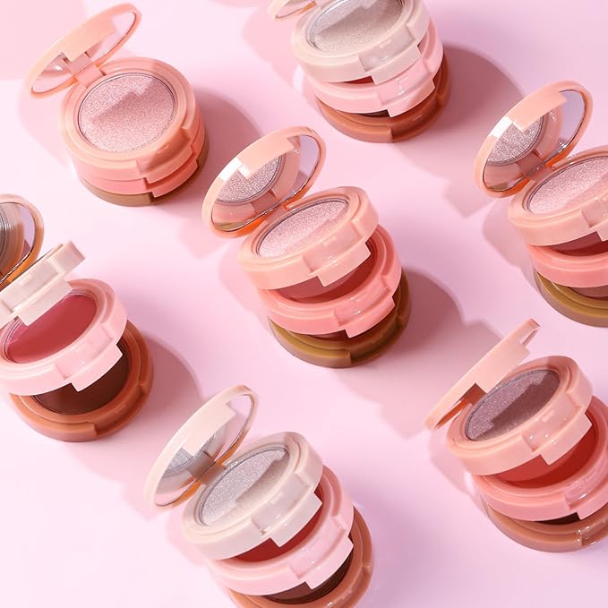 3-in-1 Blendable Trio, Contour and Highlight Blush Makeup Palette, Cream Bronzer, Silky Smooth Powder Blush, Shimmer Highlighter Makeup Powder, Pink Brown Eyeshadow Palette with Mirror(03)