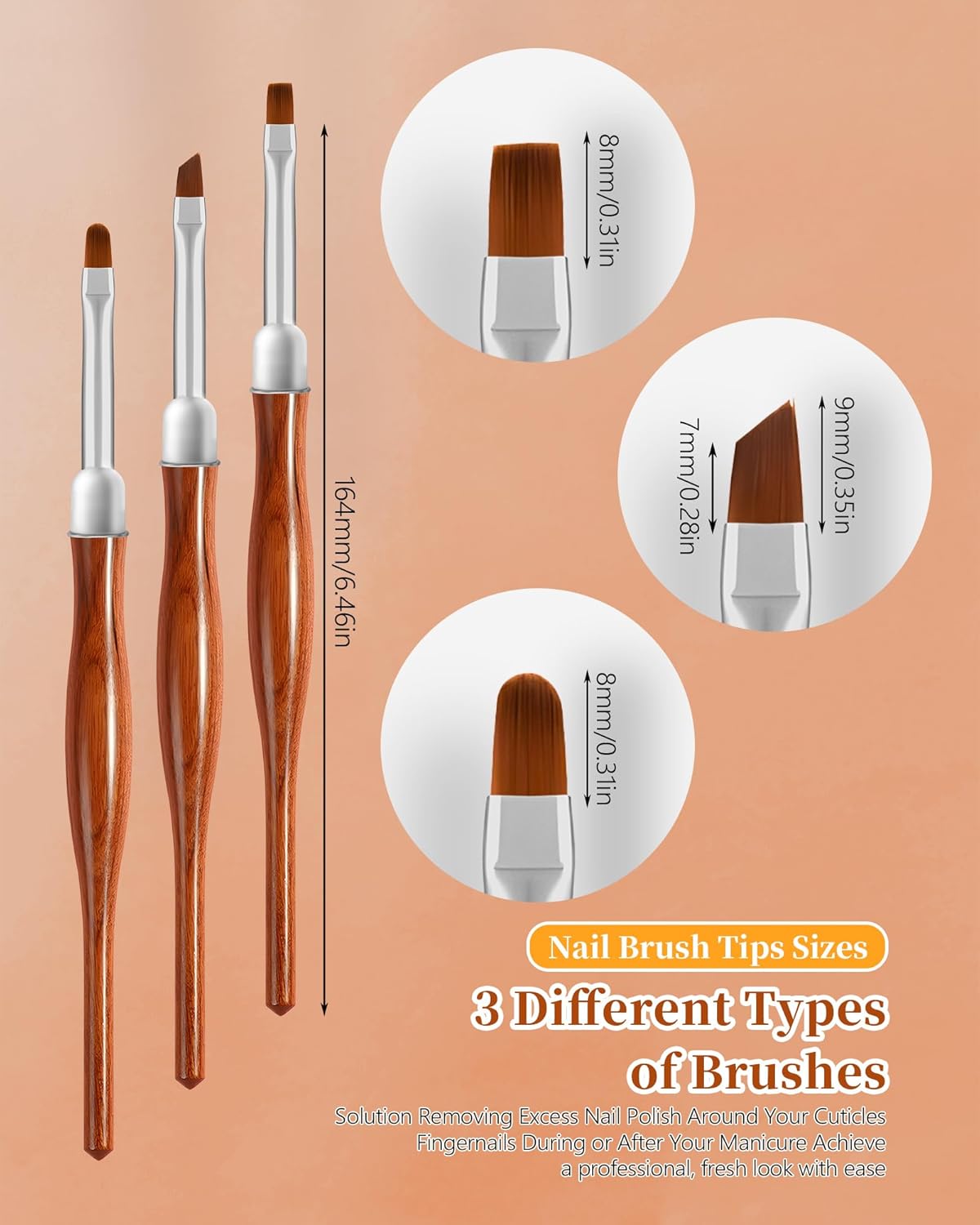3PCS Nail Art Clean Up Brushes, Round/Angled/flat Acetone Resistant Gel Nail Polish Remover Brush, Nail Brushes for Tidying Up Polish Mishaps on Cuticles, and Nail Art Designs（Wood color）