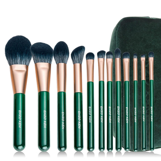 Natural Fiber & Goat Hair Makeup Brush Set Professional, Combined Hair Makeup Brushes Set with Case by Luxury ENZO KEN, Emerald Green Cosmetic Brushes Makeup Set, Natural Bristle Makeup Brushes.