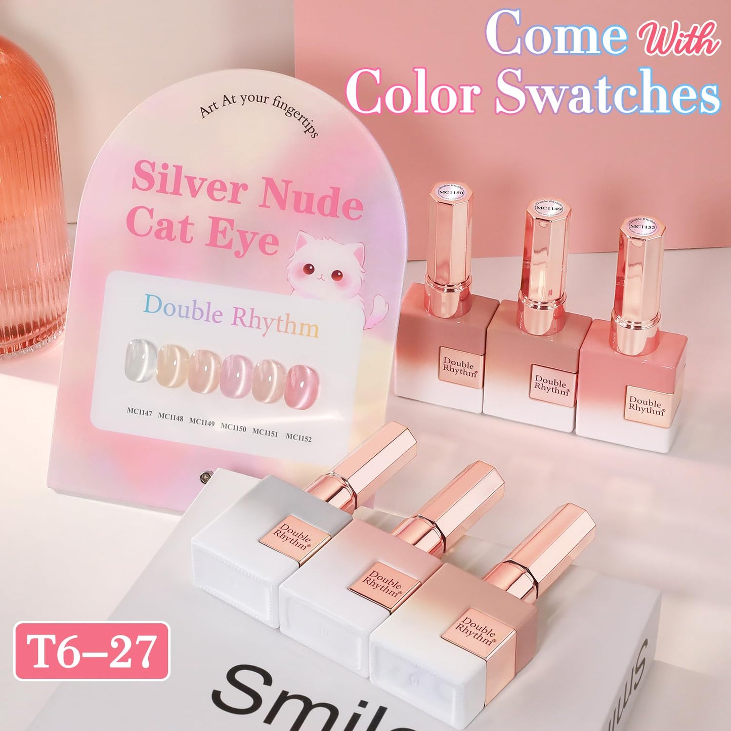 Double Rhythm Cat Eye Gel Nail Polish Set of 6 Same Color Same Bottle 0.5 Oz Shimmer Glitter with Magnet Holographic Reflective Magnetic UV Nail Polish Kit at Home (Silver Nude Pink-T6-27)