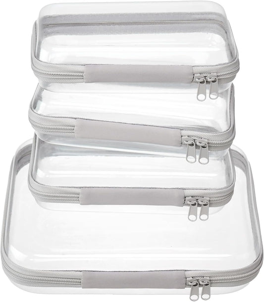 4 pcs Clear Zipper Pouches,Hard Shell Zipper Case, Toiletry Bag for Travel, CLear Diaper Bag, Toiletry Pouch, Travel Organizer, Clear Cosmetic Bag,Toy Storage Bins (M+3S) (Gray)