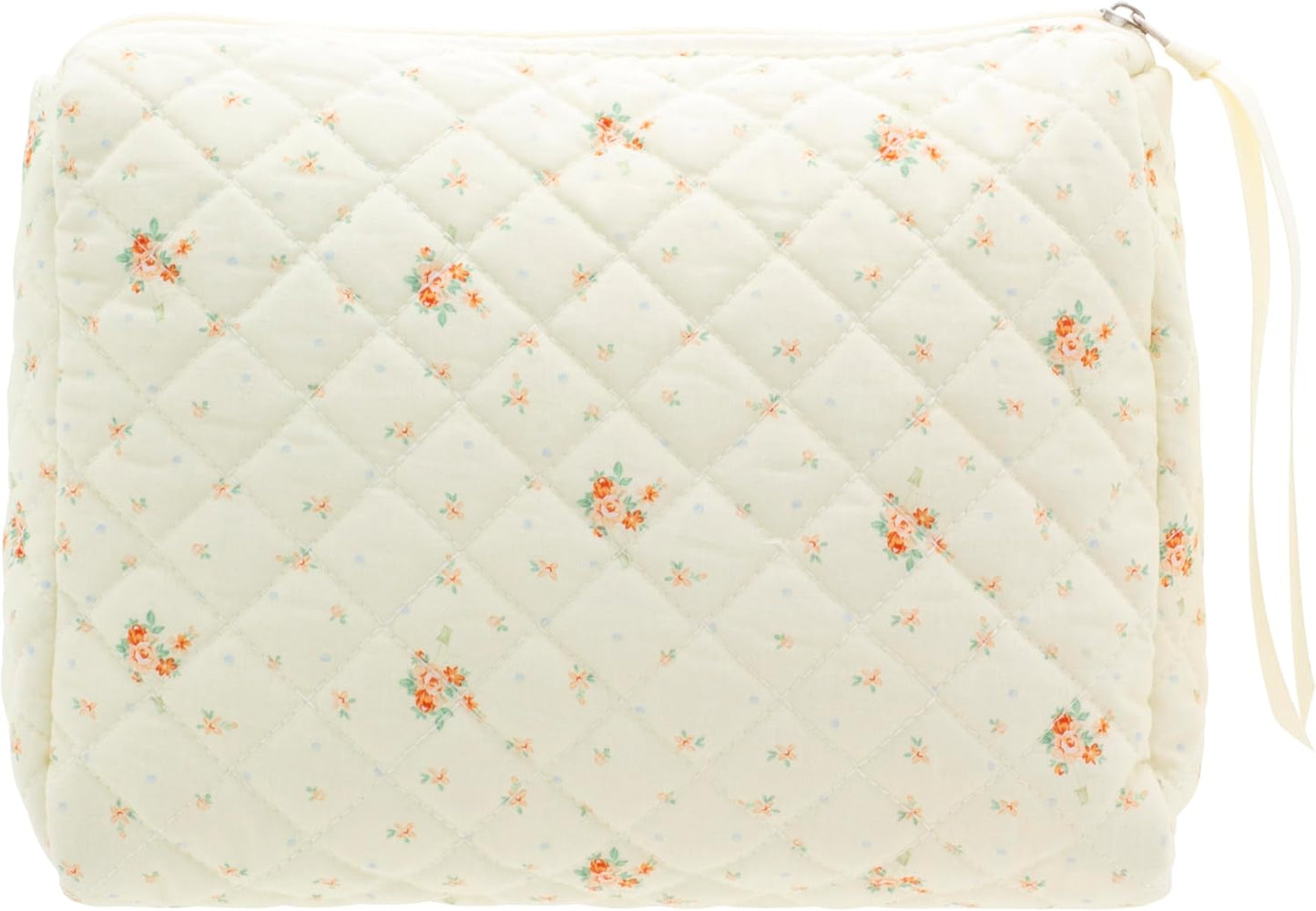 PAZIMIIK Quilted Makeup Bag Large Travel Zipper Soft Cosmetic Pouch for Women Girls Make Up,Floral White