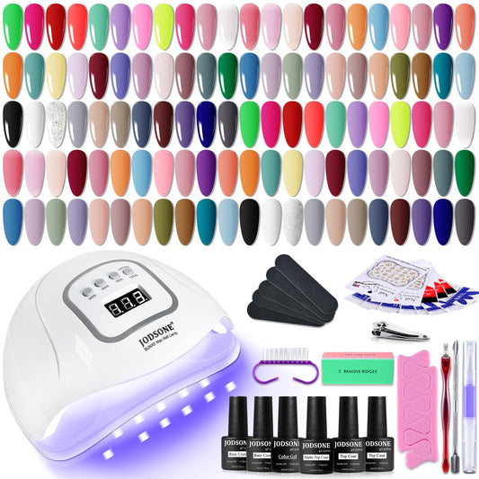 JODSONE 60 Bottles of Gel Nail Polish Kit with U V Light 55 Kinds of Gorgeous and Charming Gel Polish Kit 5 Pieces Soak off Glossy Matte Top Coat Base Coat