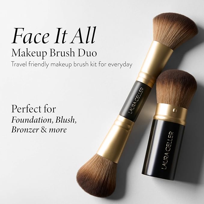 LAURA GELLER NEW YORK Face It All 2pc Makeup Brush Set - Retractable Airbrush Kabuki Brush + Dual-Ended Blush and Bronzer Brush