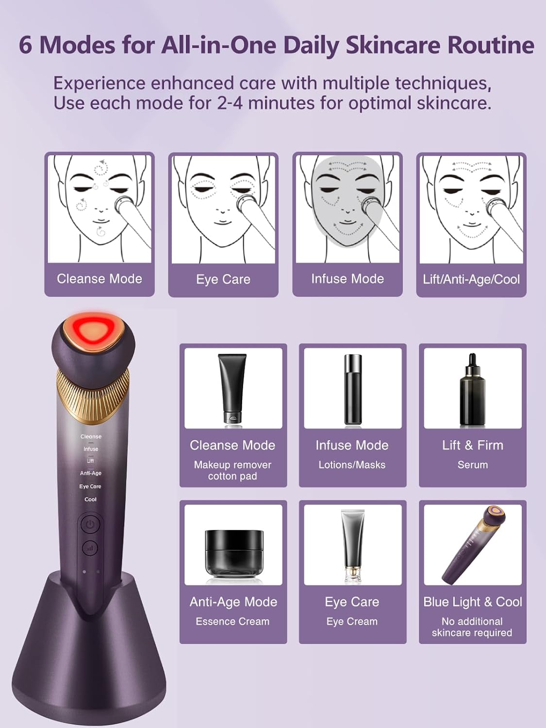 6-in-1 Age-Defying - Eye, Face & Neck Lift & Firm, 5-Color Light Therapy for Face with Microcurrent, Vibration, Heat & Cooling, Skin Care Tool for Youthful & Tightening Skin (Purple)