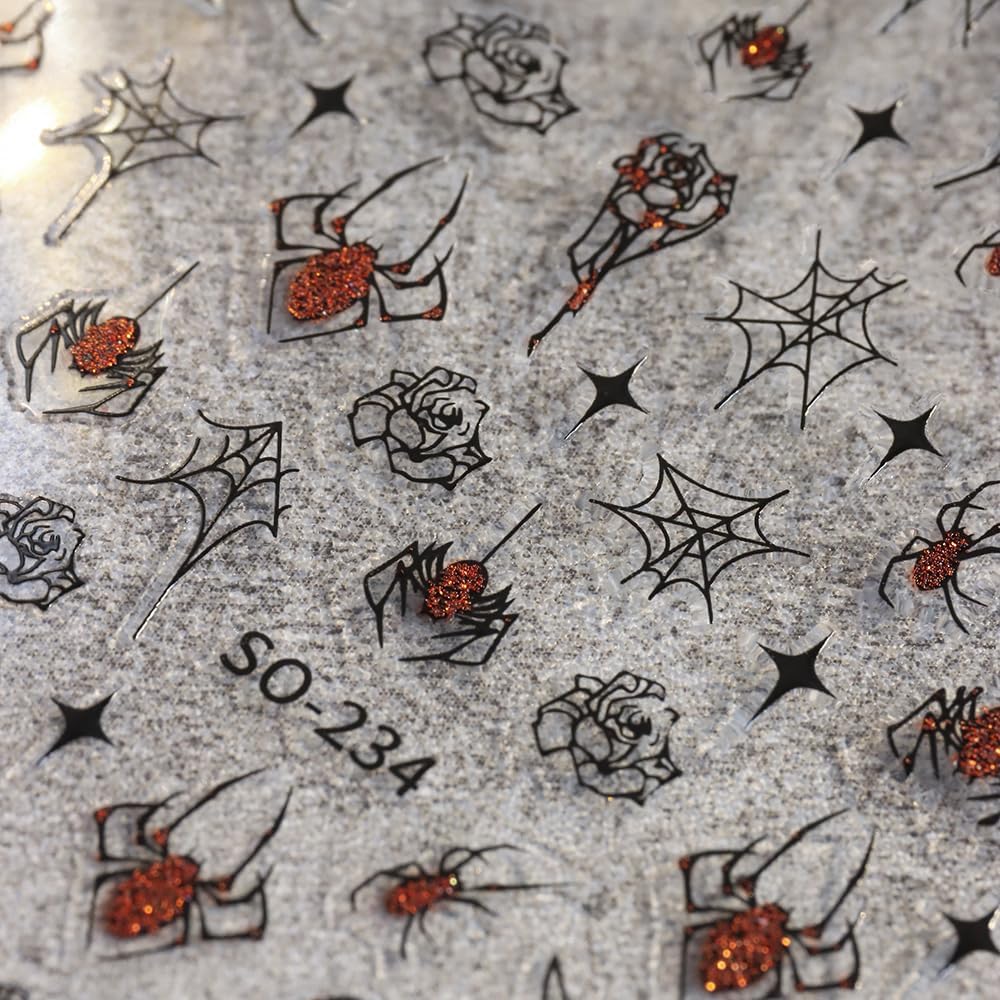6Sheets Halloween Nail Art Stickers Decals, 3D Spider Nail Sticker Halloween Nail Decoration Self-Adhesive Black Red Silver Glitter Star Spider Web for Nails Stickers DIY Manicure Art Decoration