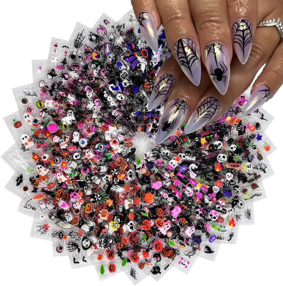 30 Sheet Halloween Nail Art Stickers Decals Cute Ghost Pumpkin Design Spider Web Scary Eyes Acrylic Nails Supplies for Women Manicure Decorations