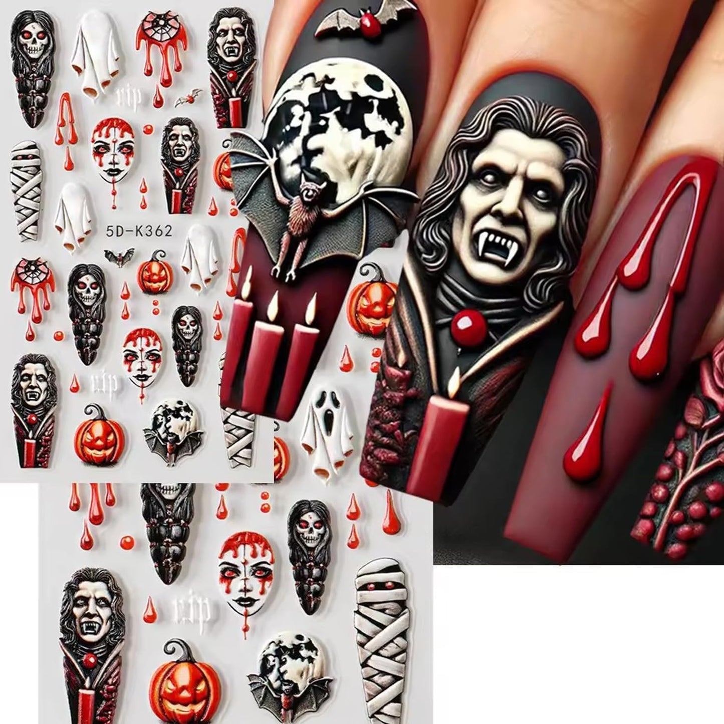 2 Sheets Halloween Nail Art Stickers 5D Embossed Horror Ghost Nail Stickers Big Red Lips Pumpkin Devil's Flame Eye Bat Design Terror Spider Mummy Nail Decals for Women Acrylic DIY Nail Decorations