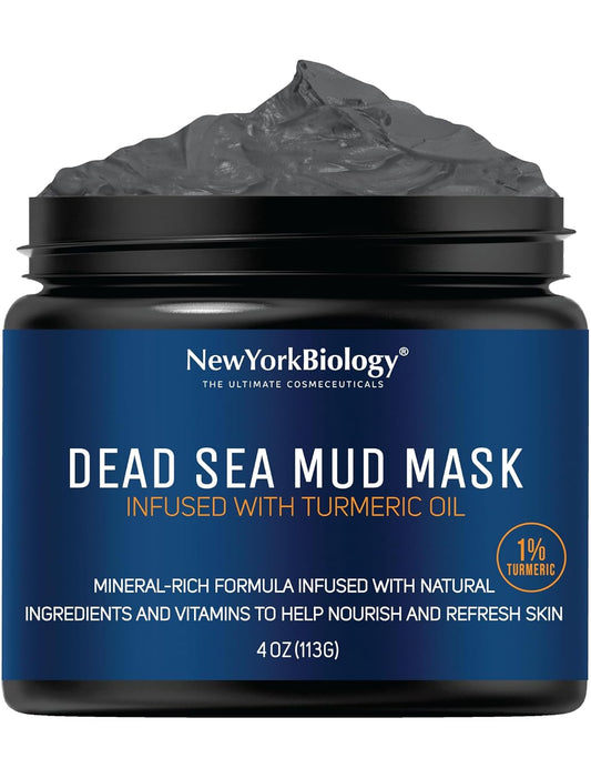 New York Biology Dead Sea Mud Mask for Face and Body | with Turmeric Oil | Spa Quality Pore Refiner for Oily Skin | Natural Skincare for Women & Men | Tighten Skin for A Healthier Complexion | 4 oz