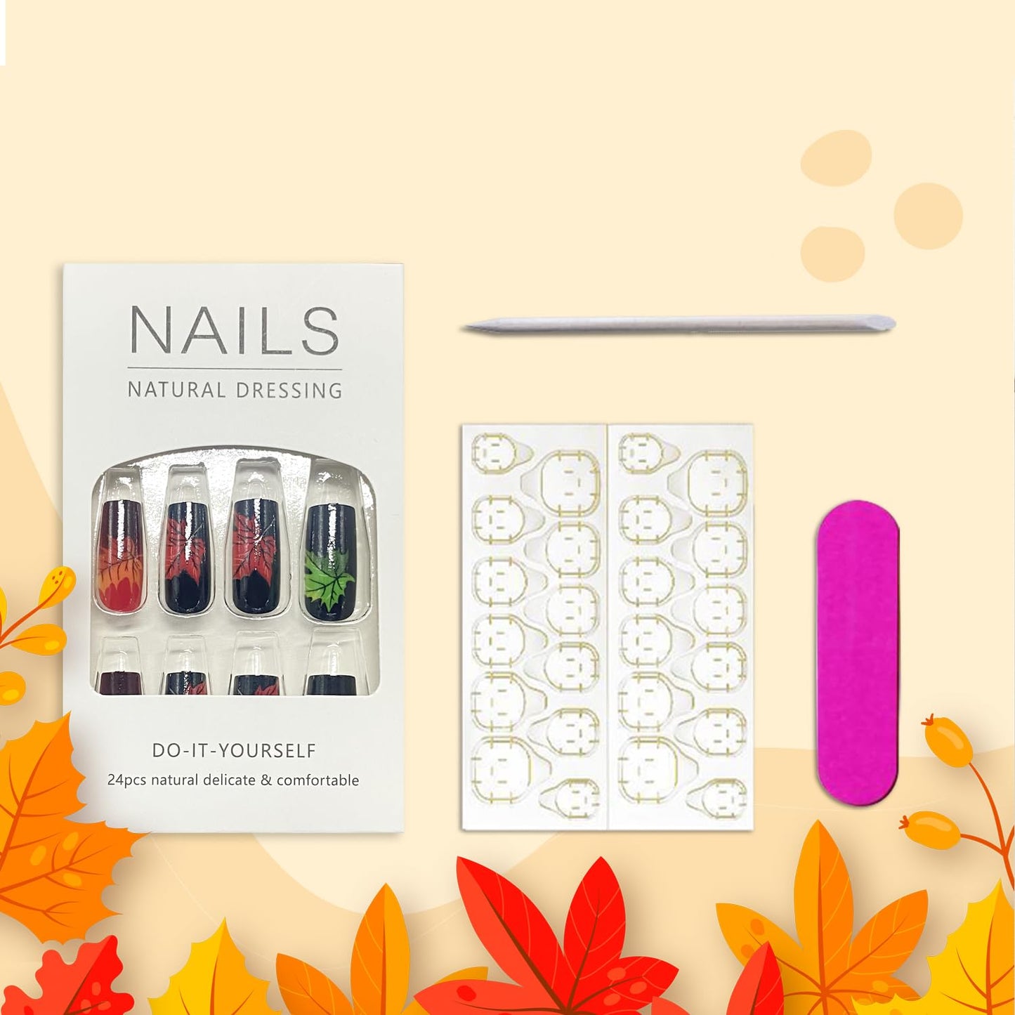 Fall Press on Nails Long Square Thanksgiving Fake Nails for Women Colorful Maple Leaf Acrylic Glue on Nail Autumn Maple Leaves Glossy Artificial Stick on Nail