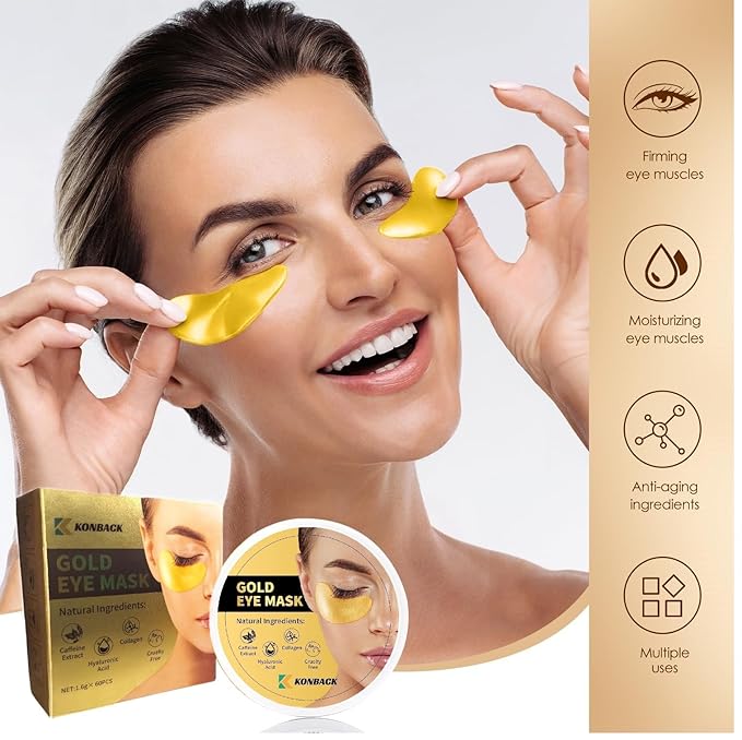 24K GOLD Eye Mask - 60 Pcs Collagen Under Eye Mask,Puffy Eyes and Dark Circles Treatments, Reduce Wrinkles and Fine Lines Undereye (Gold, 1)