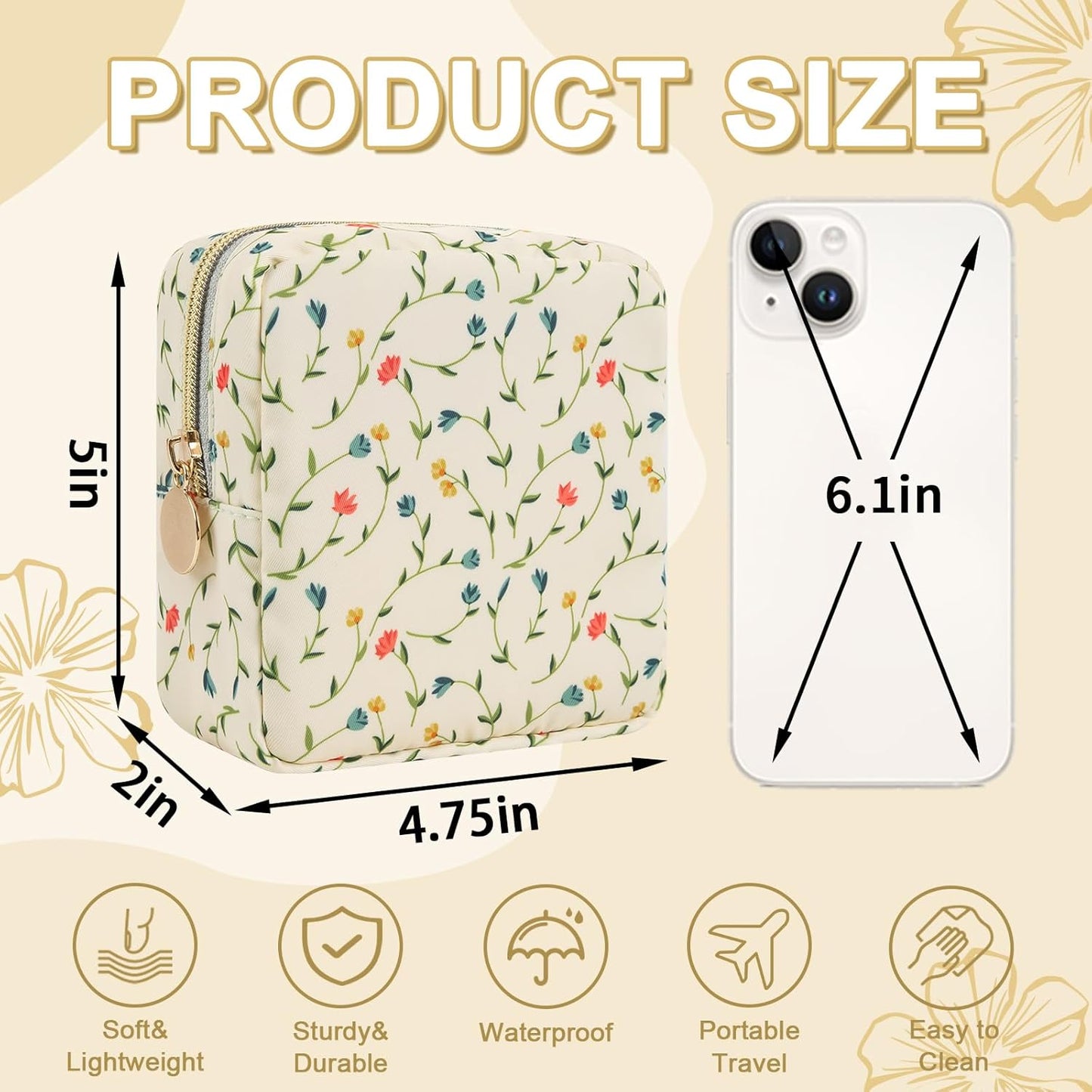 Waterproof Mini Floral Makeup Bag Pouch for Purse,Nylon Flower Cosmetic Bag Small Preppy Toiletry Organizers Bag for Women Girl,Cute Zipper Pouch Coin Purse for Work(Mini Light Yellow-Flowers)