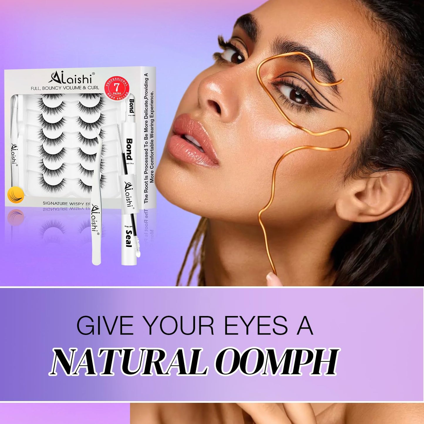 Wispy False Eyelashes Kit With Bond, Seal and Tweezer, 7 Pairs Natural Look Fake Cat Eye Lashes Strips Thin Band Extensions Waterproof Easy Eyelashes for Beginners RQ01