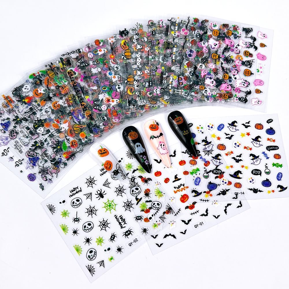 30 Sheet Halloween Nail Art Stickers Decals Cute Ghost Pumpkin Design Spider Web Scary Eyes Acrylic Nails Supplies for Women Manicure Decorations