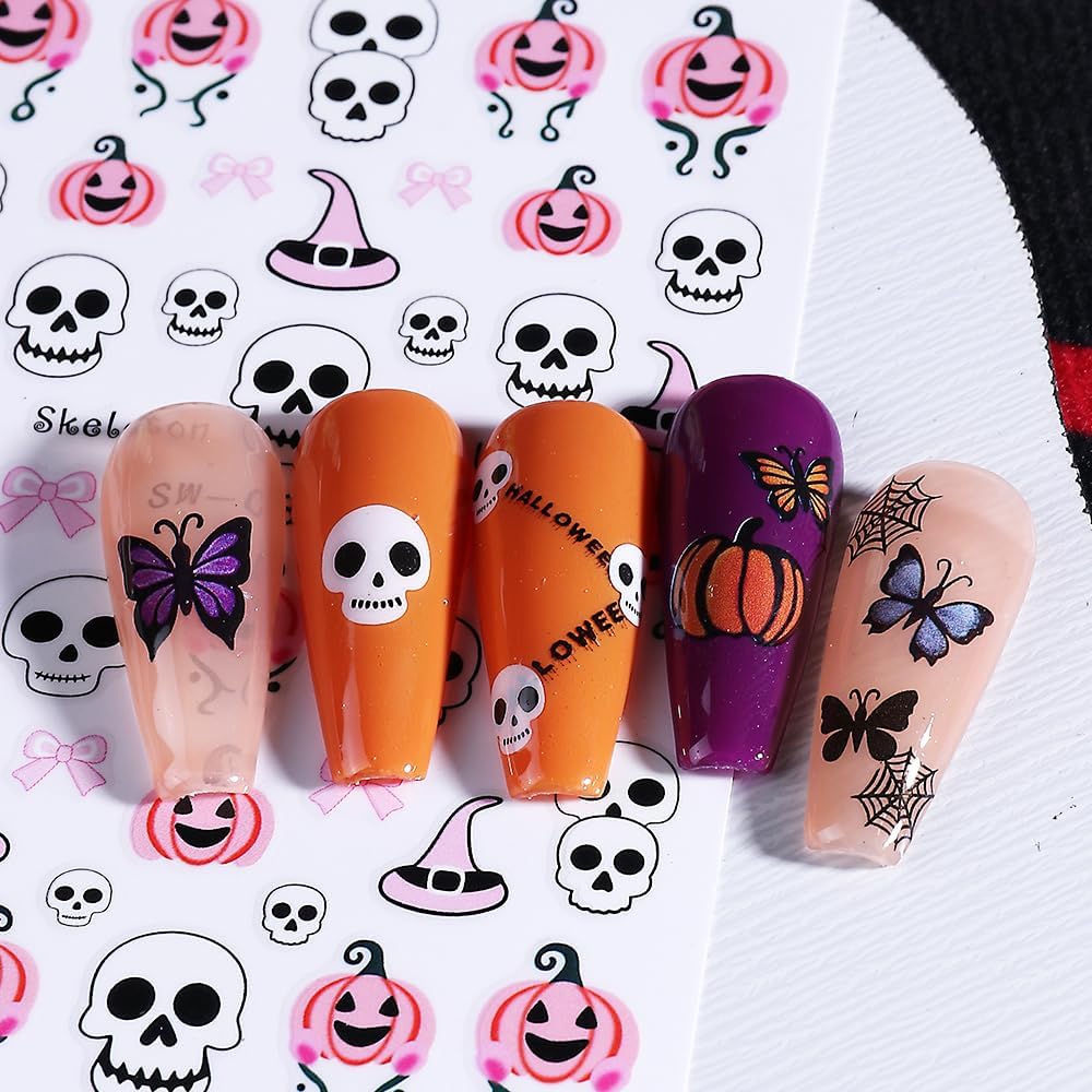Halloween Nail Art Stickers Ghost Nail Decals 3D Horror Ghost Skull Spider Web Bat Pumpkin Butterfly Self-Adhesive Decals Designs Halloween Nail Supplies for Women Manicure Decorations 3 Sheets