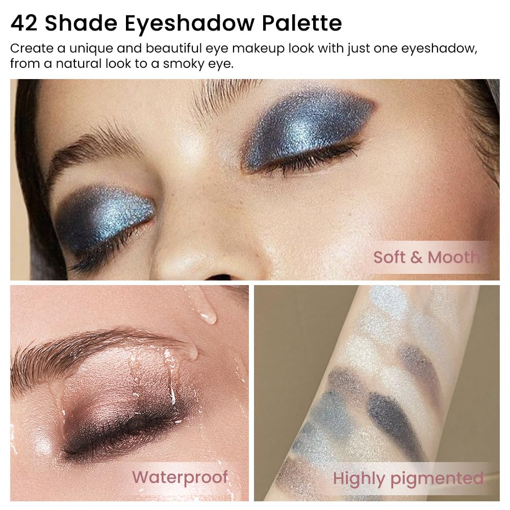 42 Colors Smokey Eye Shadow Makeup Palette,Nude White Black Grey Brown Matte Shimmer eutral Natural Eyeshadow,Waterproof, Long Lasting Naturing-Looking