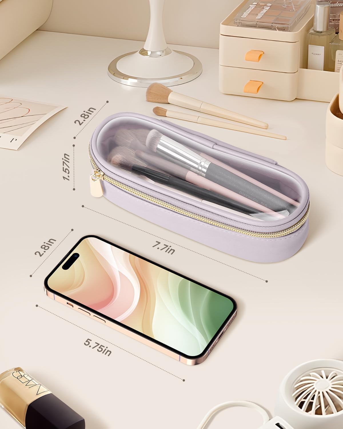 Clear Travel Makeup Brush Holder, Leather Makeup Brush Toiletry Bag, Portable Cosmetic Brush Case, Transparent Waterproof Makeup Brush Storage Bag, Purple