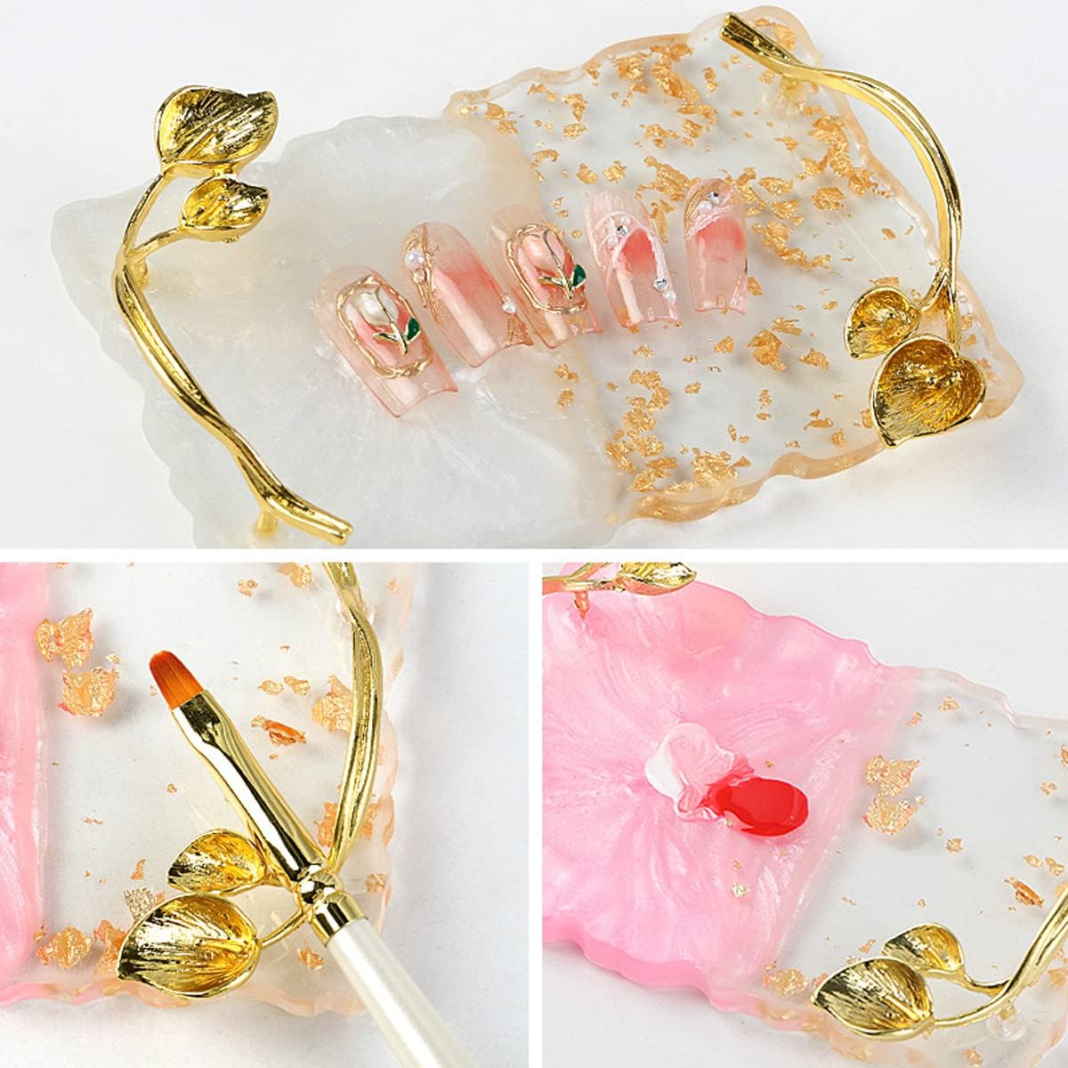 2023 Retro Nail Art Palette, Nail Painting Mixed Color Palette with Leaves Handle, Nail Holder Gel Color Makeup Display Board Pallet (Pink)