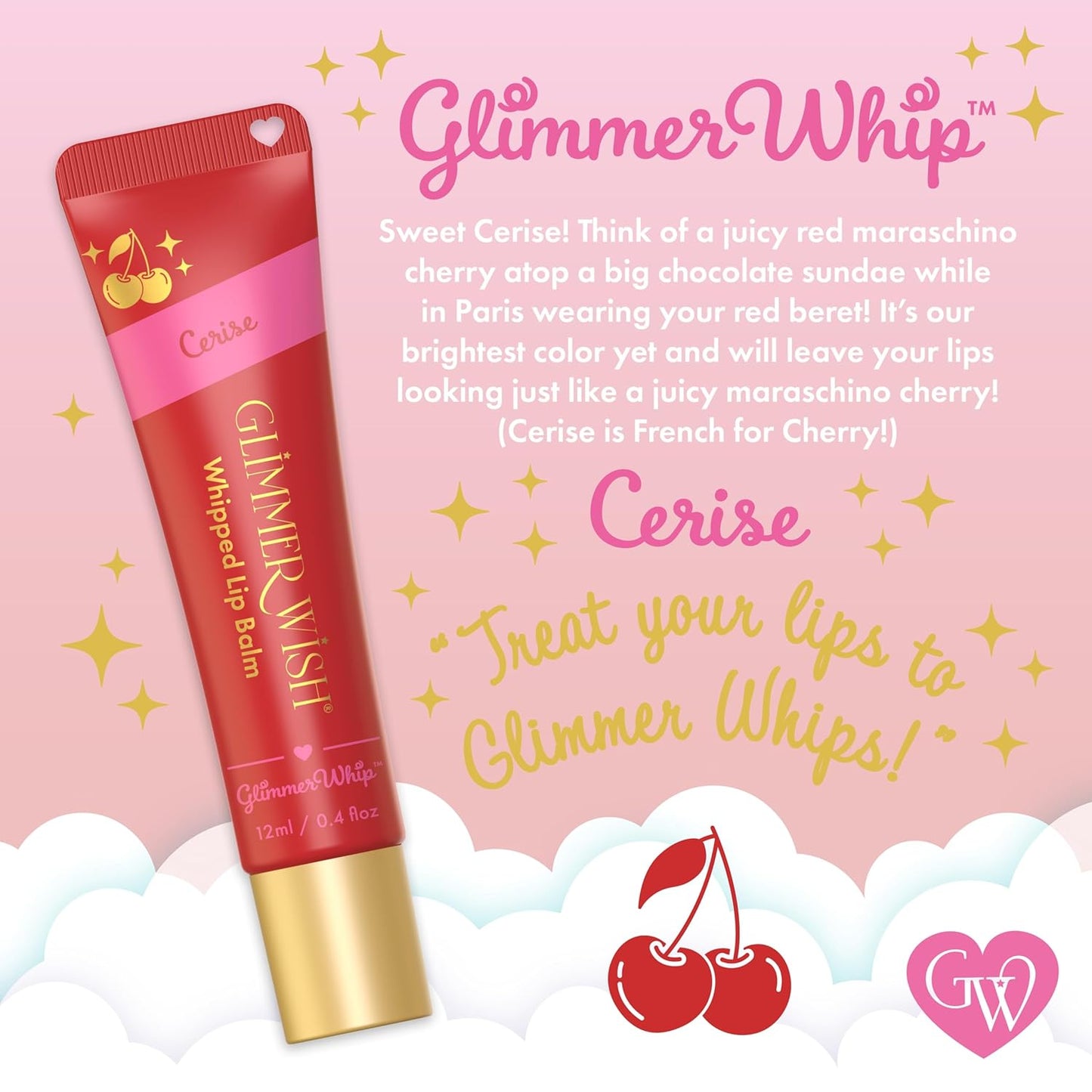 Glimmer Wish Glimmer Whip Hydrating Lip Balm – Organic Castor & Jojoba Oils, Shea & Cocoa Butters – Vegan, Non-Toxic, Moisturizing Lip Care (Cerise)