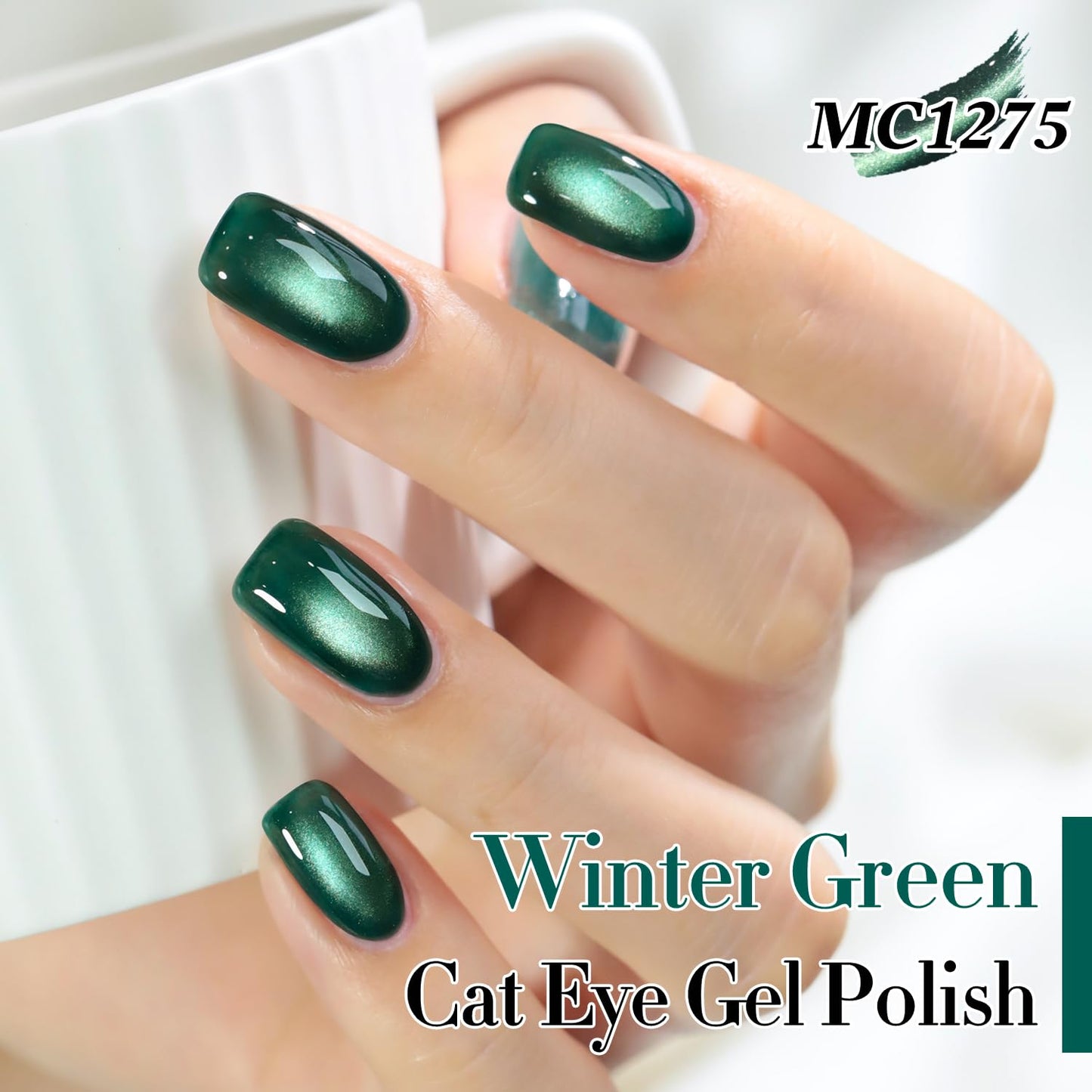 Double Rhythm 0.5 OZ Cat Eye Gel Polish with Magnet 15ML Holographic Glitter Shimmer Translucent Jelly Color Magnetic Nail Polish Salon DIY at Home (Winter Green-MC1275)