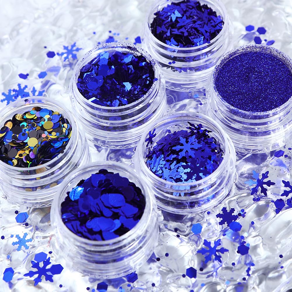 6Grids Christmas Nail Art Glitters Blue Nail Sequin 3D Snowflake Butterfly Heart Powder Nail Glitter Sequins Flakes DIY Winter Xmas Nail Decals for Women Girls Nail Art Decoration Accessories