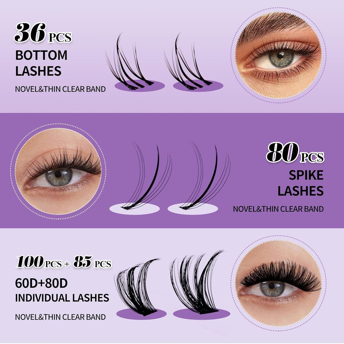 Lash Clusters Kit With Bottom Lashes 60/80/100/200D DIY Lash Extension Kit 12-18mm Multi-types Individual Lashes Bond and Seal, Spike, Volume Lashes Kit Lash Applicator(60/80 Kit)