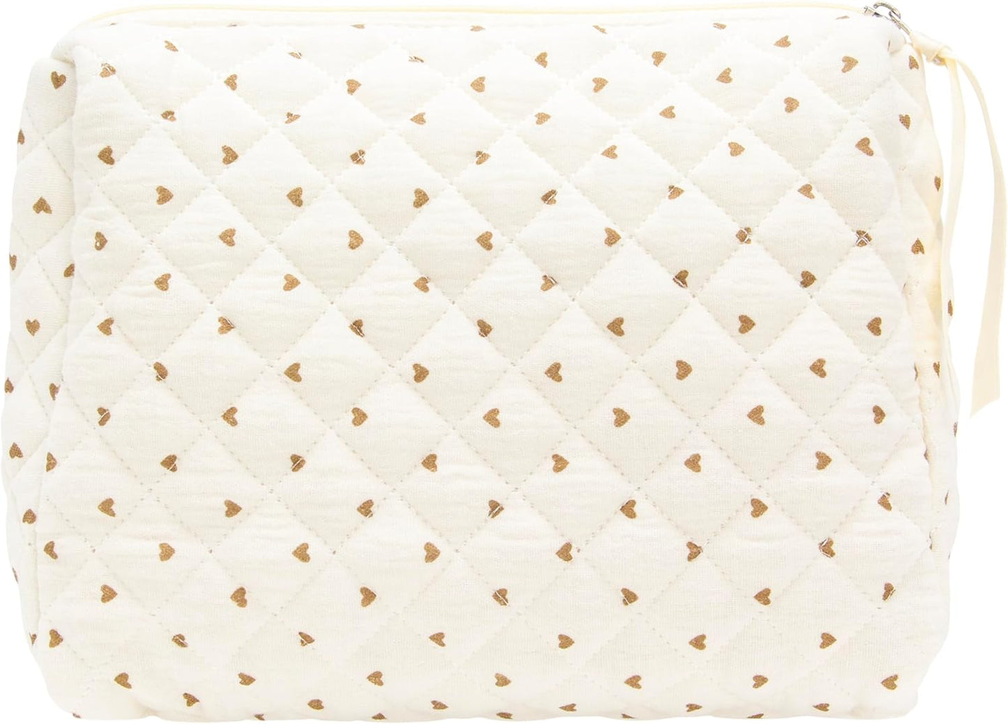 PAZIMIIK Quilted Makeup Bag Large Travel Zipper Soft Cosmetic Pouch for Women Girls Make Up,Gauze Heart Coffee