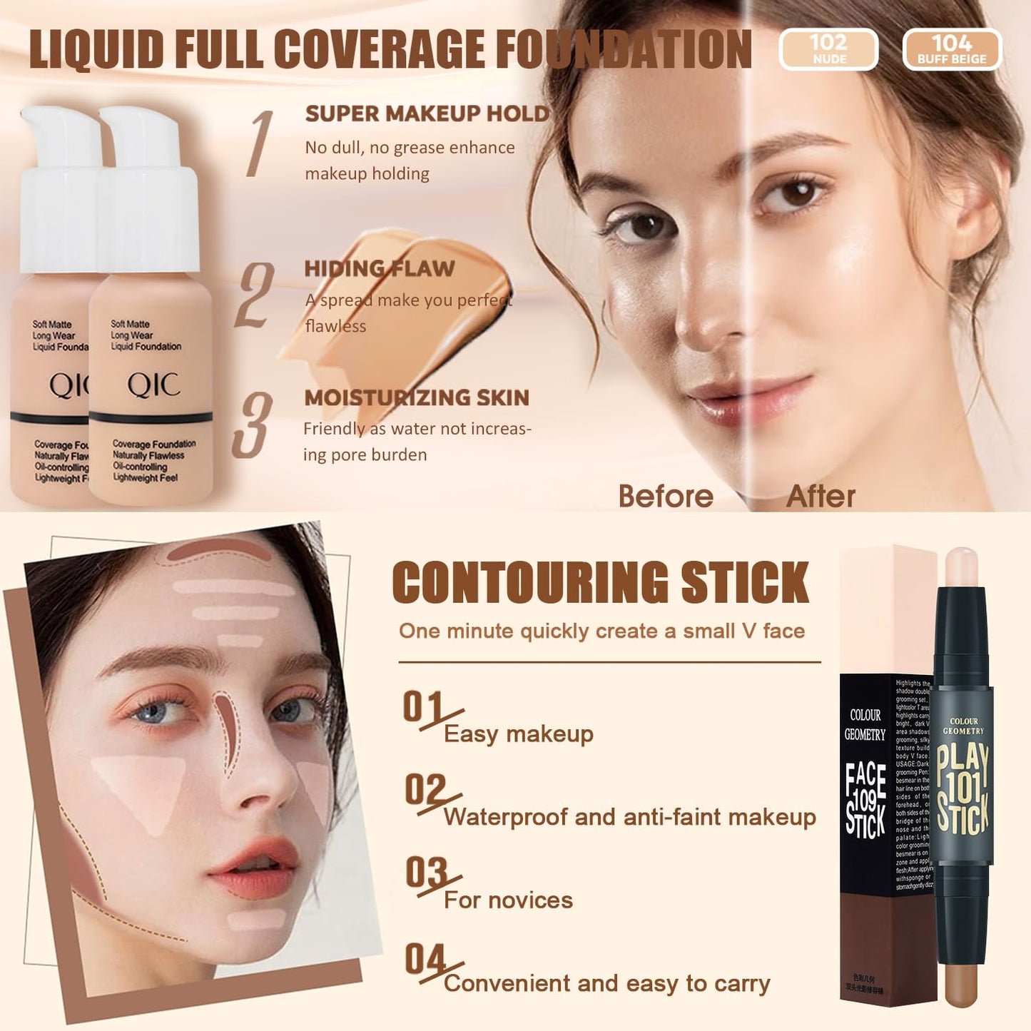 All in One Makeup Kit,Includes Naked Eyeshadow Palette,Liquid Foundation,Lipstick Set,Mascara,Makeup Brush,Makeup Sponge,Eyebrow Powder,Eyebrow Soap,Eyeliner Stamp, Primer,Contour Stick,Cosmetic Bag