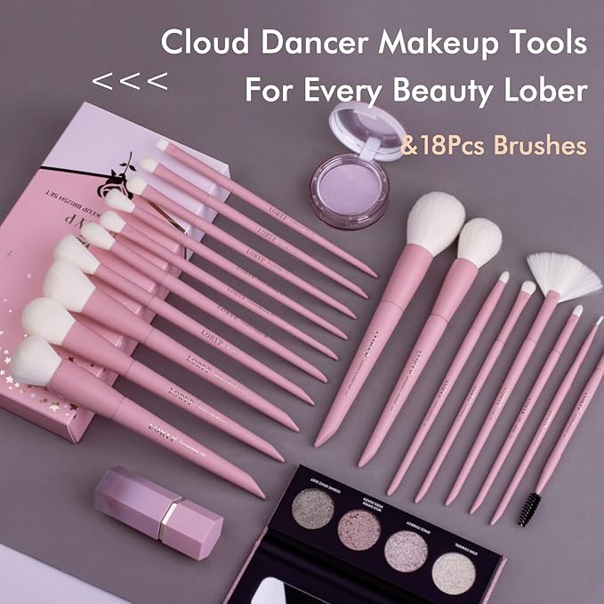 LORYP Makeup Brushes Set Labeled 18 Piece Face and Eye Brush Set Ultra soft hair Foundation, Concealer, Blush, Contour, Blending, Eyeshadow Pink Brush kit