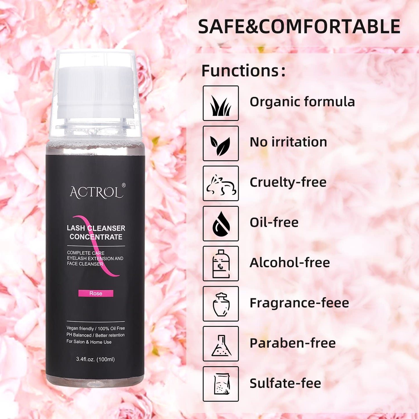 Eyelash Cleanser Concentrate 100ml Rose Professional Lash Shampoo Foaming Cleanser Paraben & Sulfate Free Non-lrritating Wash for Extensions Lashes with Salon Home Care-Makes 20 Bottles