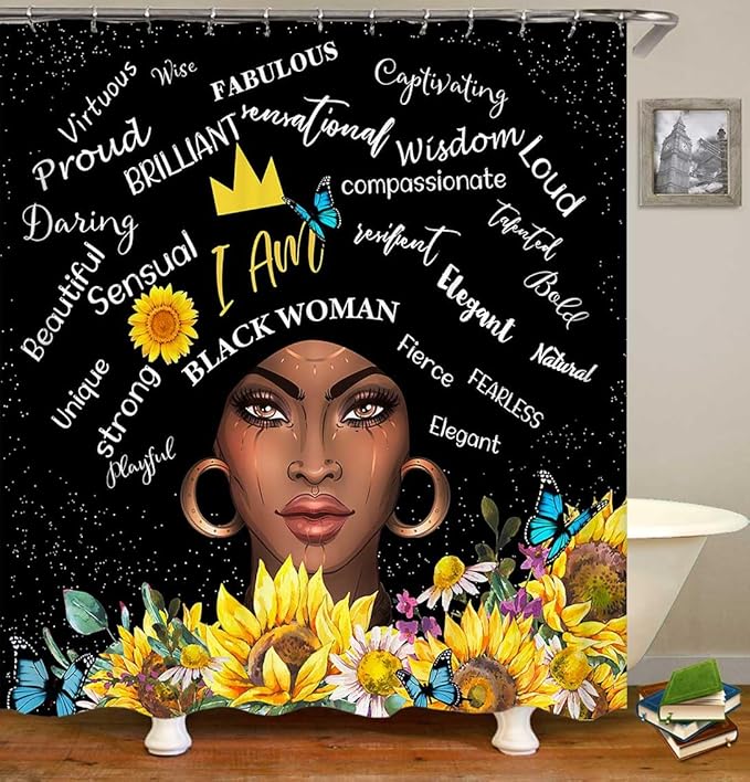4PCS African American Black Girl Shower Curtain Sets with Rugs, Black Shower Curtain, Afro Black Woman Sunflower Bathroom Decor, Non-Slip Bath Mat, Motivational Inspirational Gifts for Women