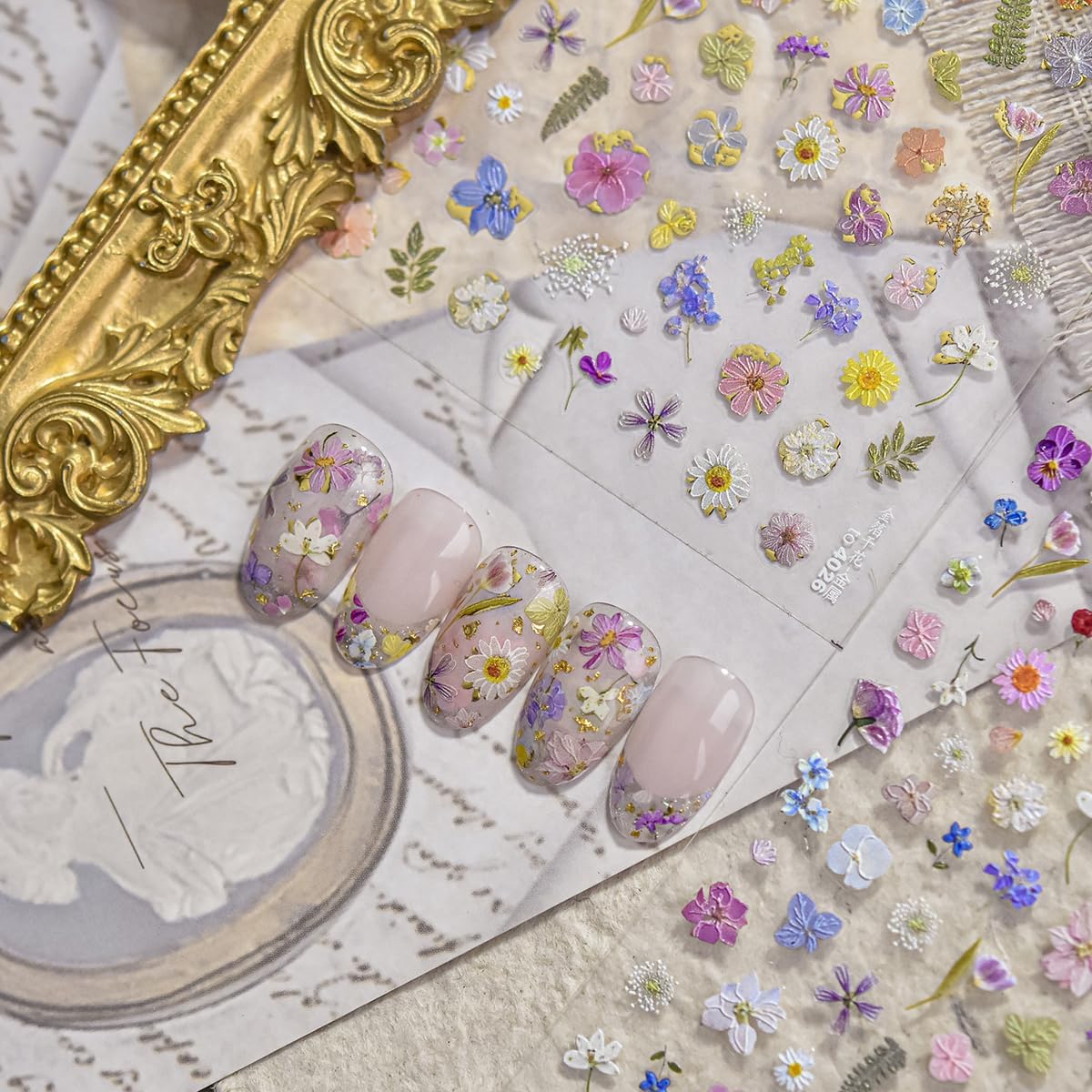 Flower Nail Stickers for Nail Art Floral Nail Decals with Gold Accent,Mini Flower Stickers for Nails Design 3D Self Adhesive Nail Supplies & Decorations for Women Girls,1 Sheet DIY Manicure Decor