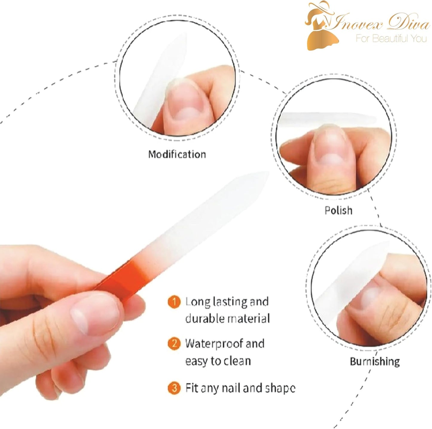 6 Pack Crystal Glass Finger nail File with PU Leather Bag, Professional Czech Glass acrylic Nail File & Nail Buffers, Nail File for Shiny, Natural & Acrylic Nails, Nail Care Tools Gifts by INOVEX Diva